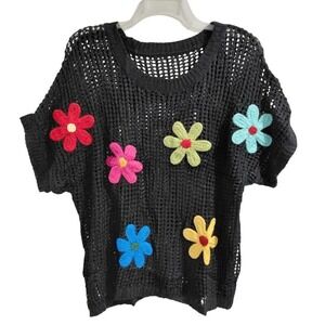 Black Crochet Flower Sweater Top Mesh Knit Short Sleeve Women's Size L